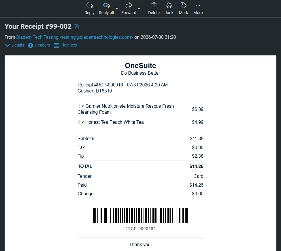 OneSuite email receipt example