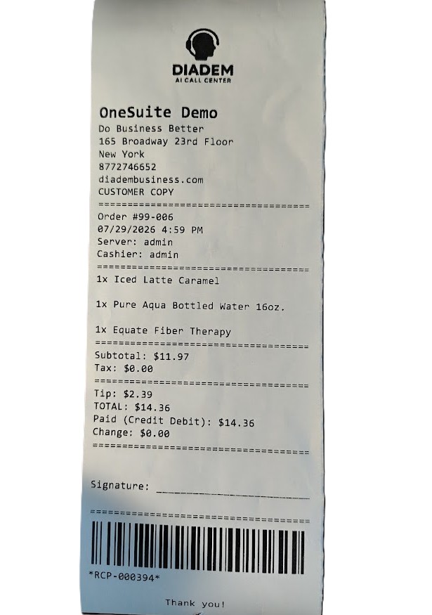 OneSuite sales receipt with a tip pre-added