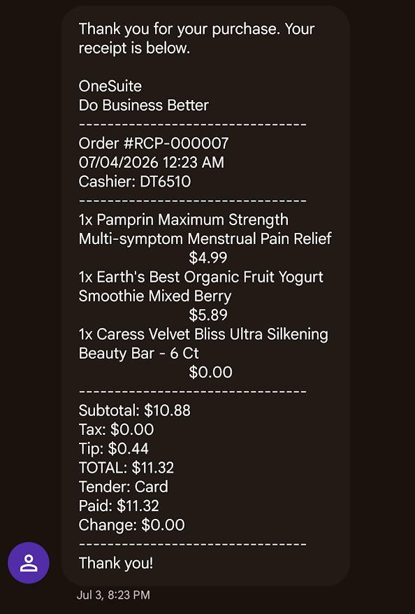 OneSuite text message receipt example