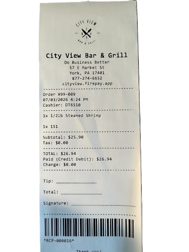 OneSuite sales receipt with write-in tip area
